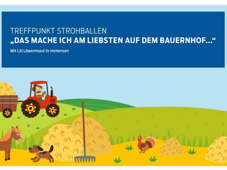 Kindliche Zeichnung von einem Bauern auf dem Trecker mit Hänger, Hund, Vogel sowie Misthaufen und Landschaft
